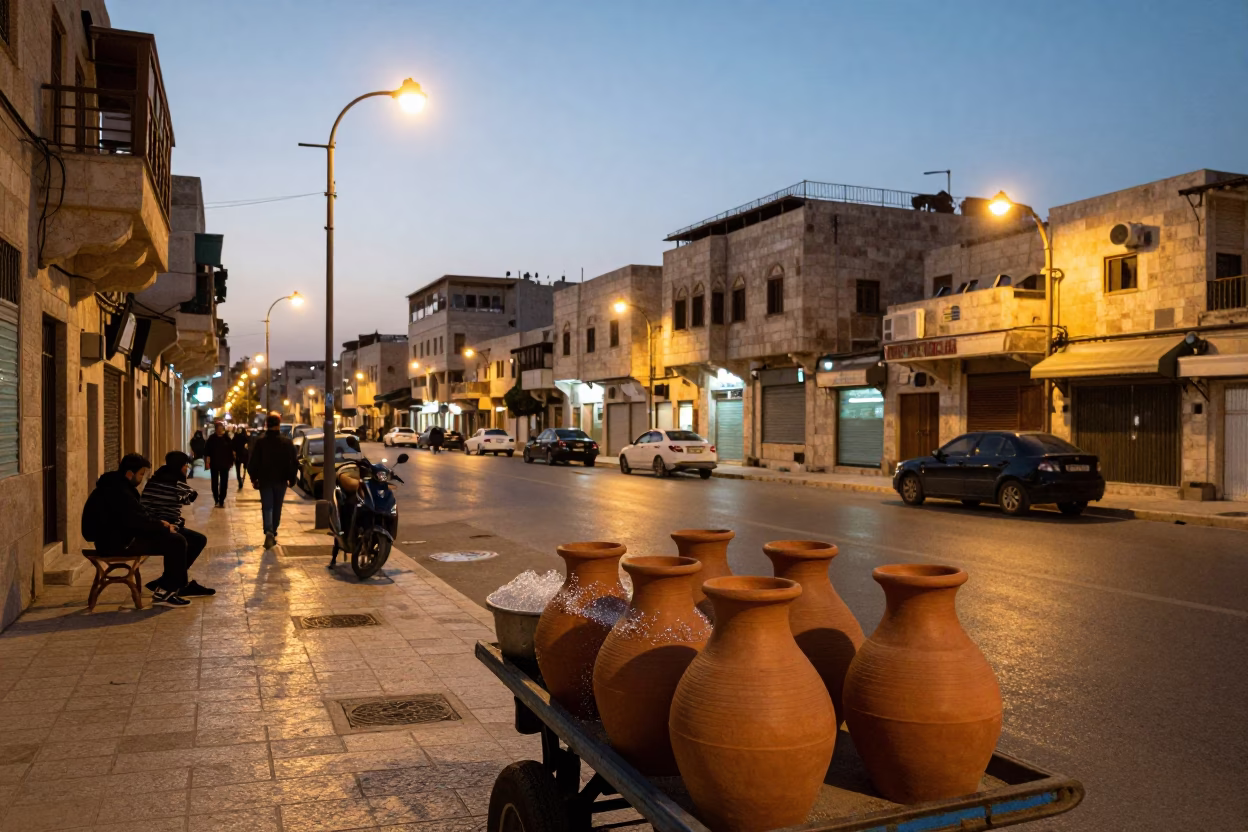 Amman Jordan Street Scene at Dusk with Clay Pots and Patterned Rugs in in Amman, Jordan