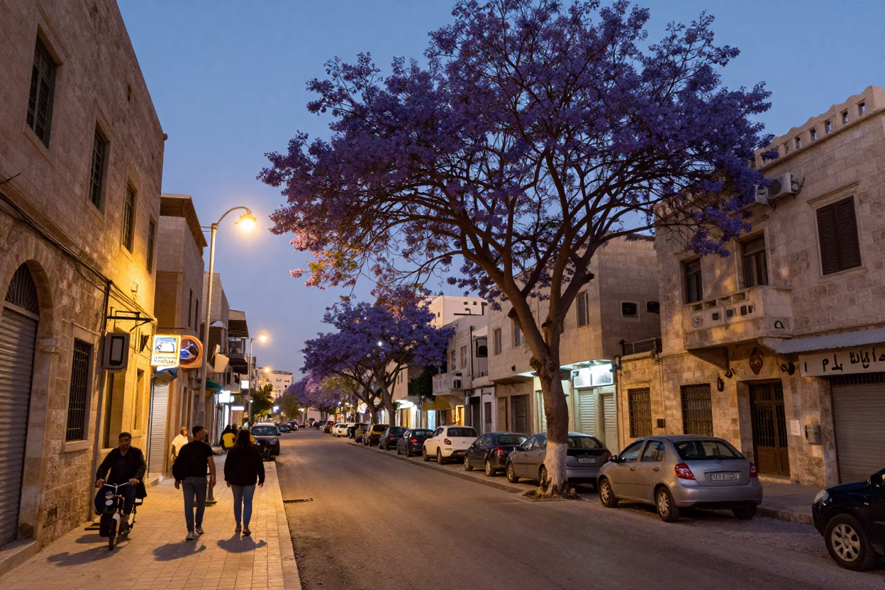 Amman Jordan Street Scene at Dusk with Jacaranda Bloom and Local Traffic in in Amman, Jordan