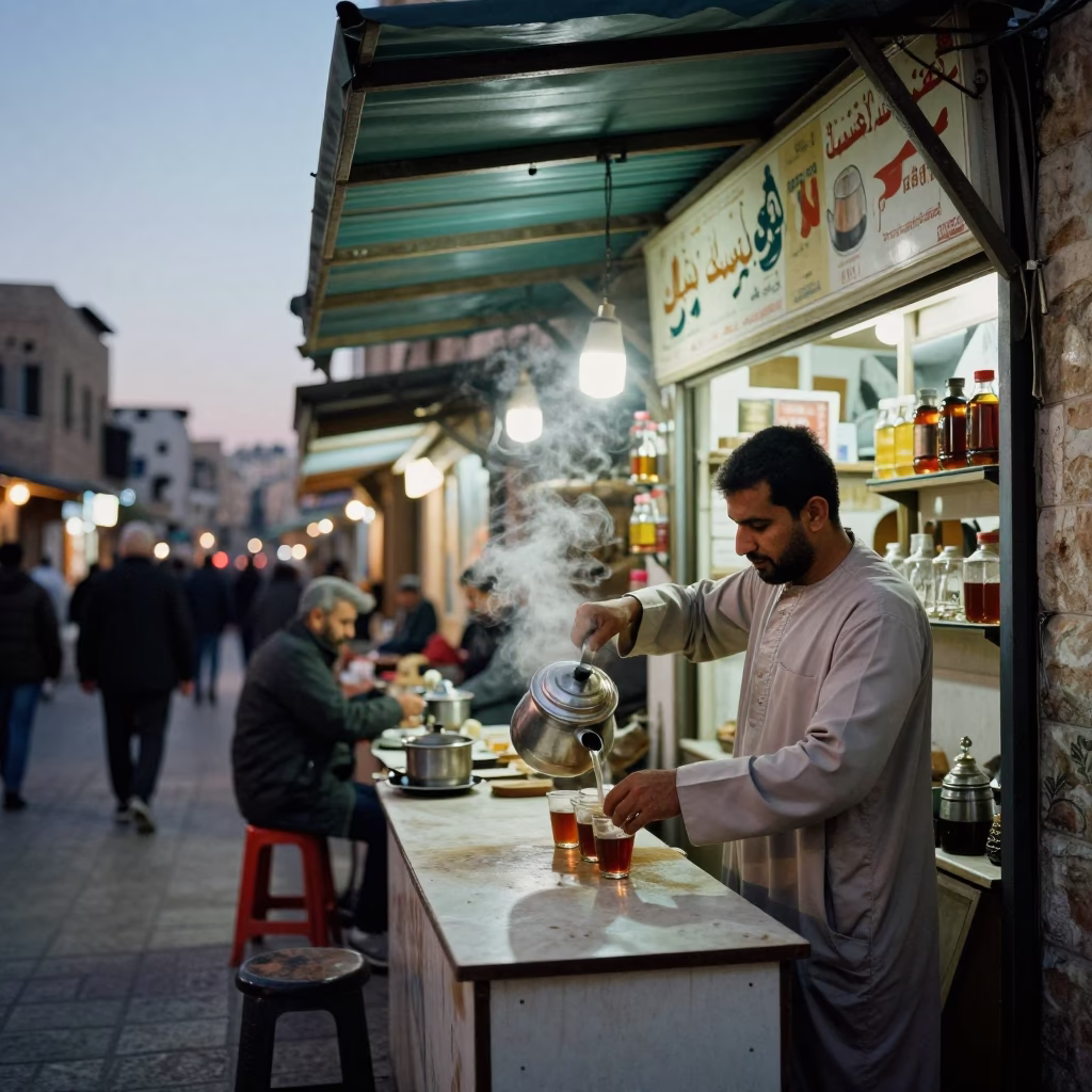 Amman Jordan Street Scene at Dusk with Local Shopkeeper and Traditional Tea Service in in Amman, Jordan
