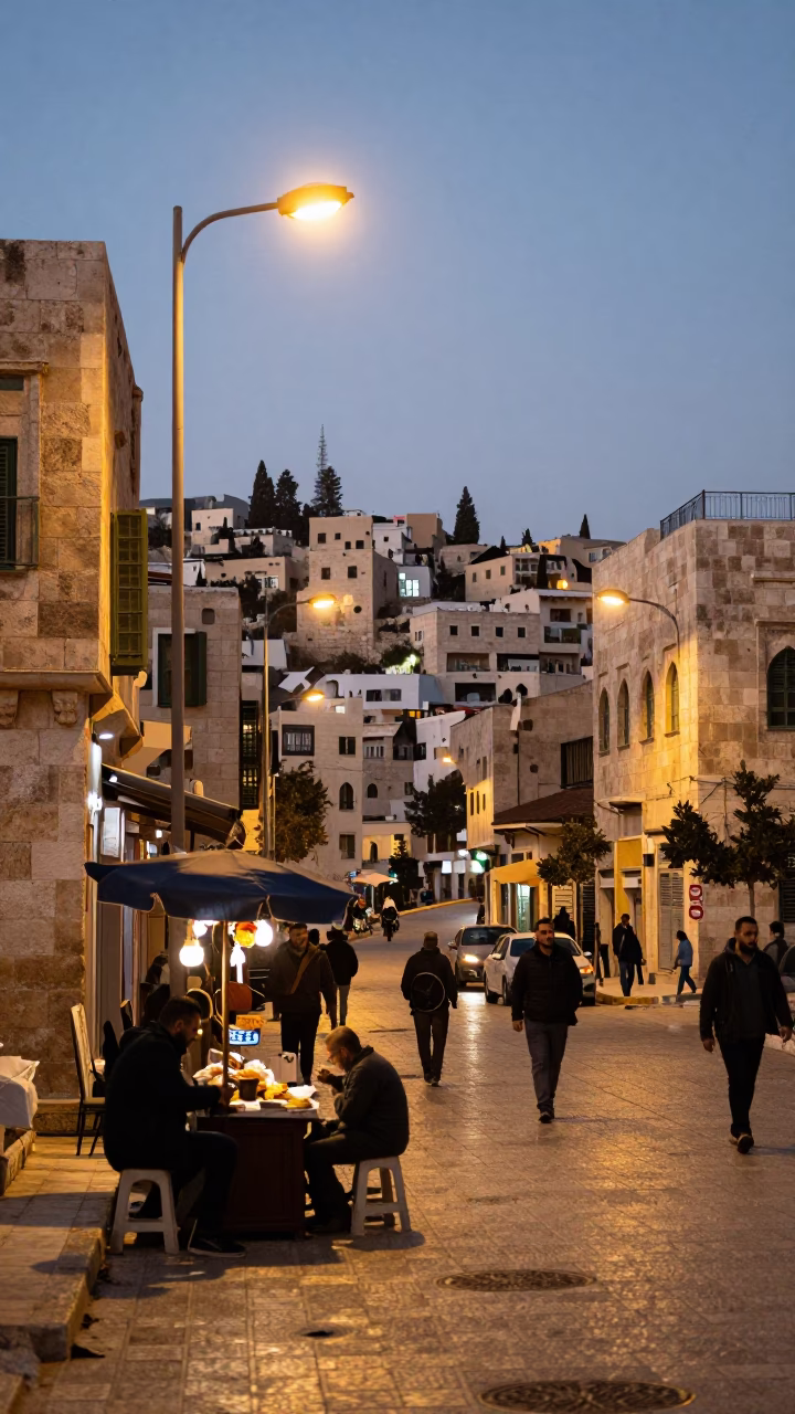 Amman Jordan Street Scene at Dusk with Local Vendor and Traditional Clothing in in Amman, Jordan
