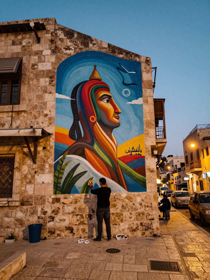 Amman Jordan Street Scene at Dusk with Painted Mural and Metal Bucket in in Amman, Jordan