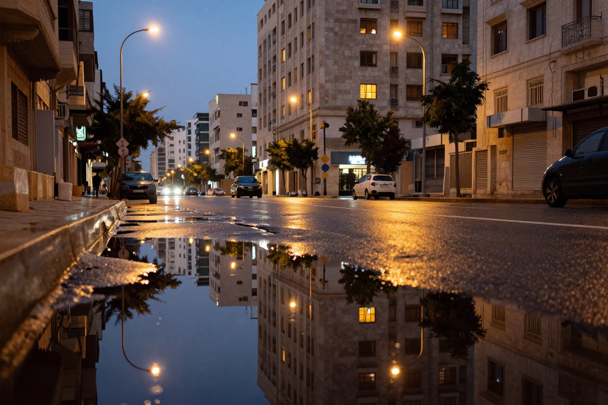 Amman Jordan Street Scene at Dusk with Reflections in Puddle and Urban Light Glow in in Amman, Jordan