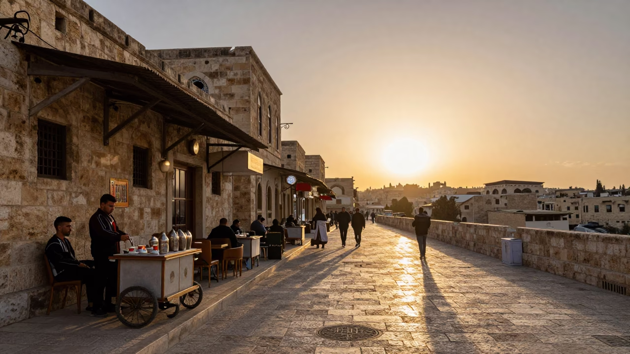 Amman Jordan Street Scene at Dusk with Traditional Chai and Local Market Activity in in Amman, Jordan
