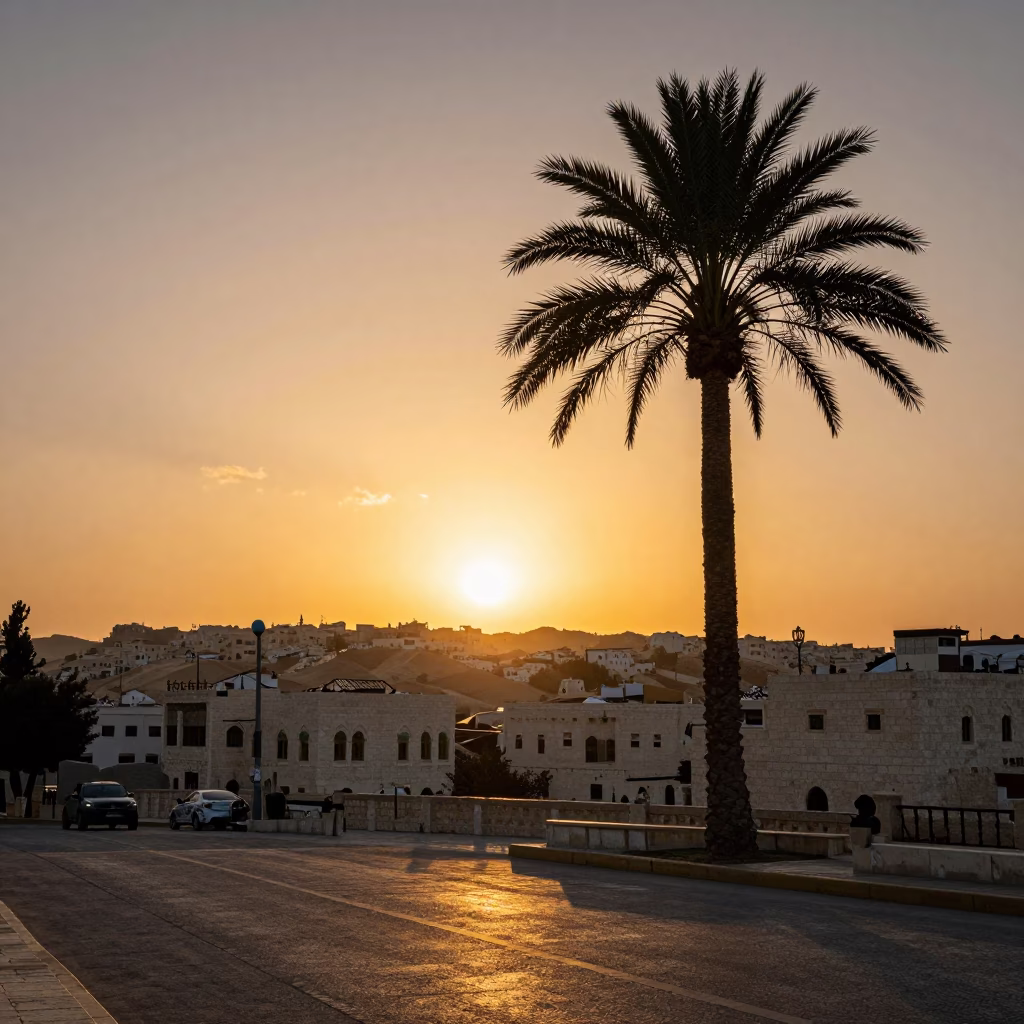 Amman Jordan Street Scene at Golden Hour with Palm Tree Silhouette and Traditional Architecture in in Amman, Jordan