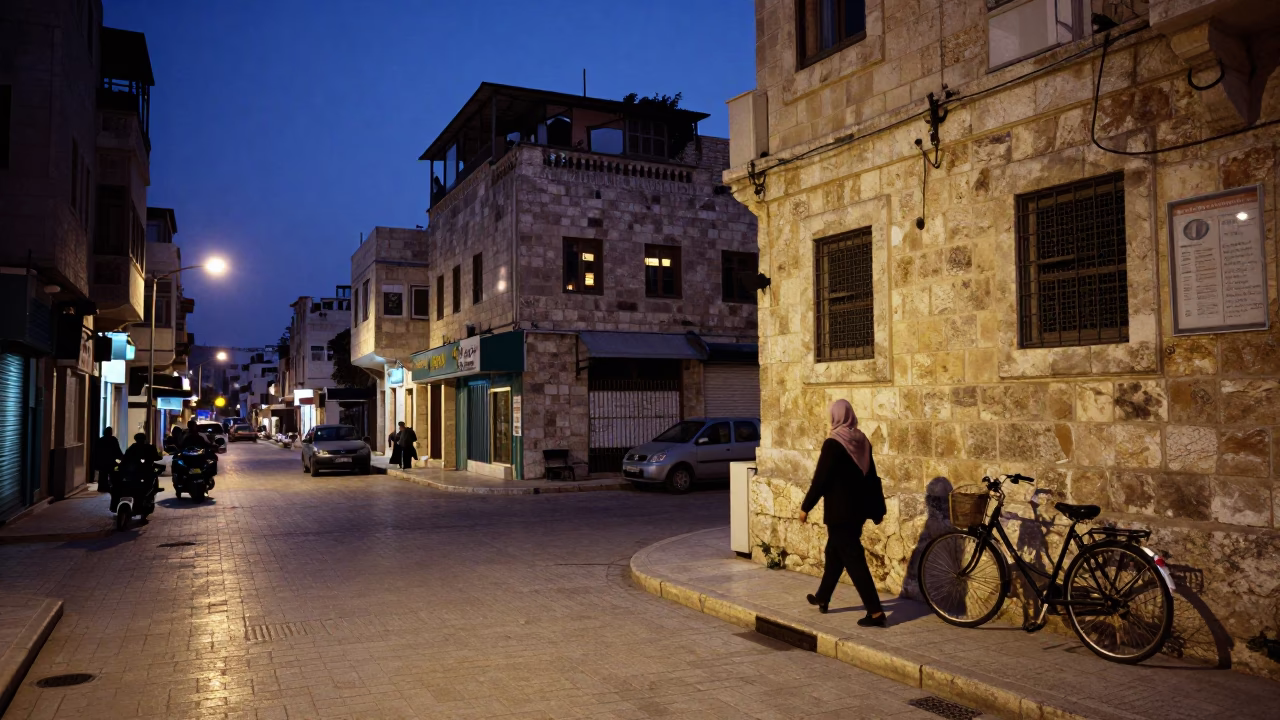 Amman Jordan Street Scene at Indigo Twilight with Bicycle and Rusty Rail in in Amman, Jordan
