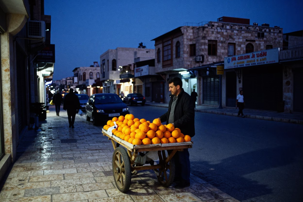Amman Jordan Street Scene at Indigo Twilight with Fruit Stand and Garden Gate in in Amman, Jordan