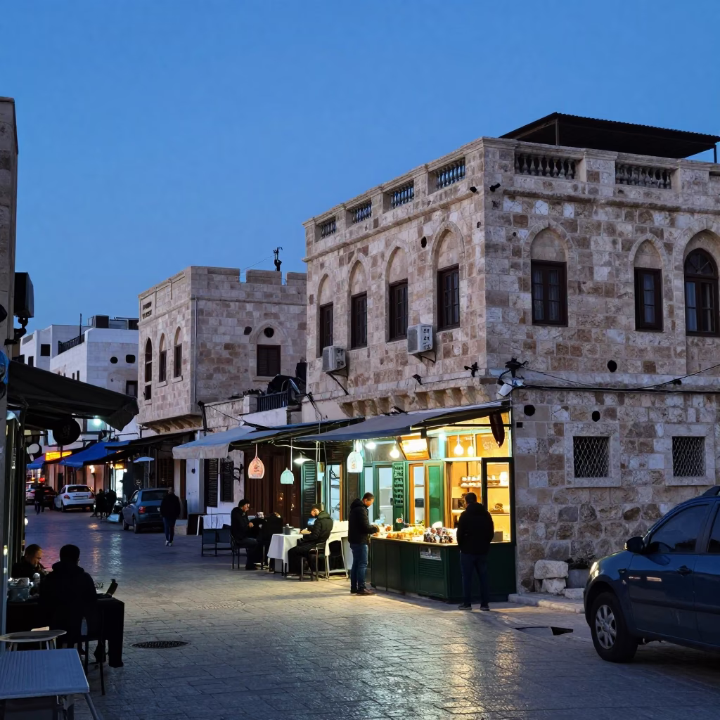 Amman Jordan Street Scene at Nautical Dawn with Local Market Activity in in Amman, Jordan