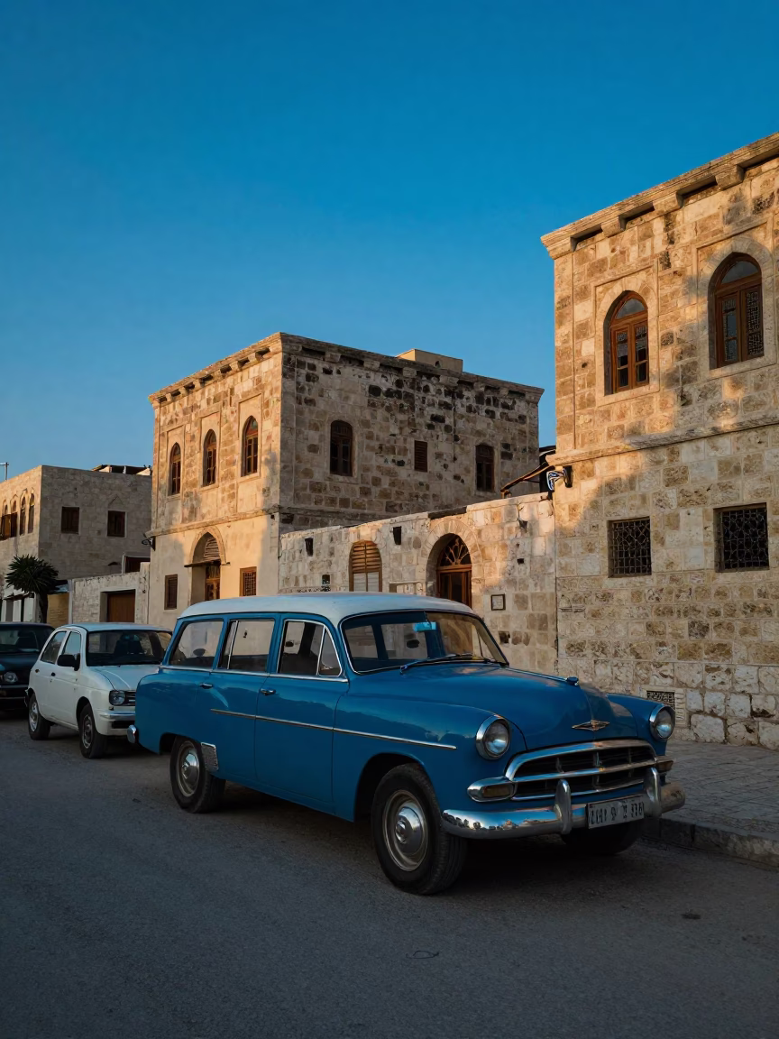 Amman Jordan Street Scene at Nautical Dawn with Vintage Vehicles and Stone Architecture in in Amman, Jordan