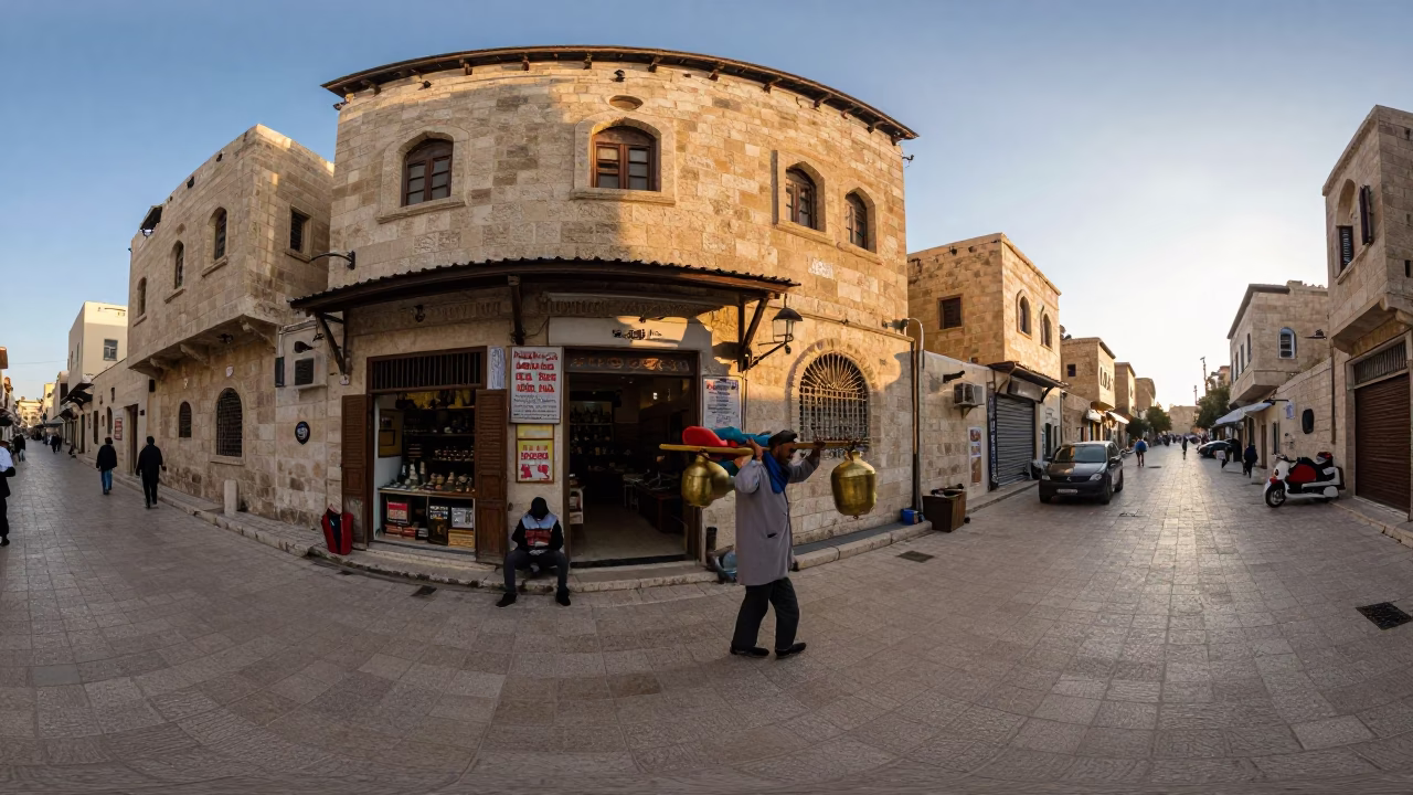 Amman Jordan Street Scene at Sunrise with Water Carrier and Terracotta Pots in in Amman, Jordan