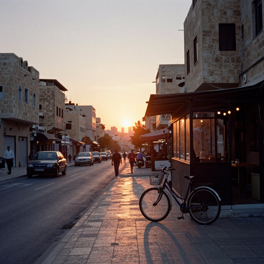 Amman Jordan Street Scene at Sunset with Bicycle and Glass Rail in in Amman, Jordan