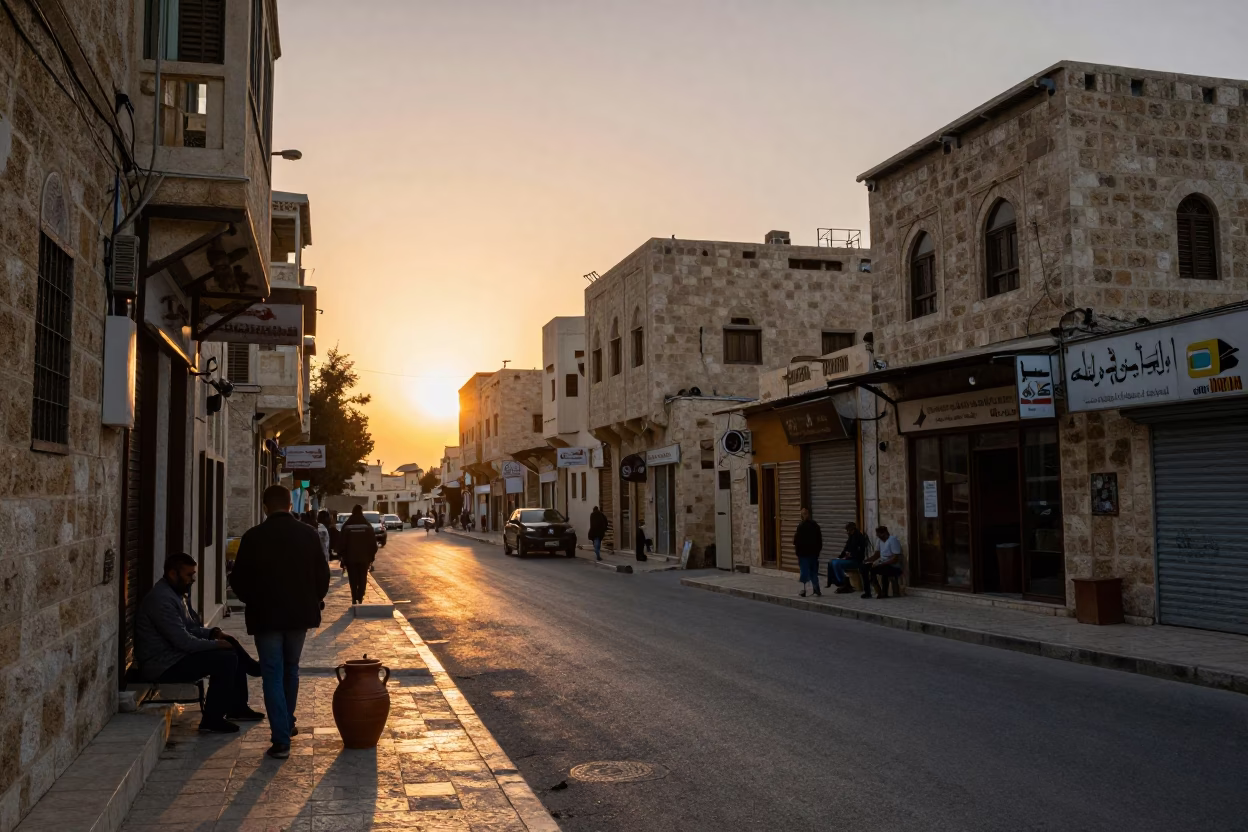 Amman Jordan Street Scene at Sunset with Jam Jar and Comb on Ledge in in Amman, Jordan