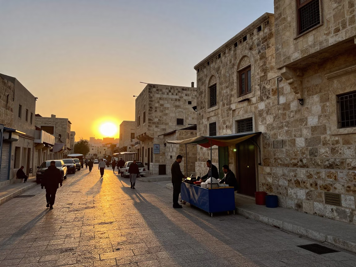 Amman Jordan street scene at sunset with local vendor and traditional coffee service in in Amman, Jordan