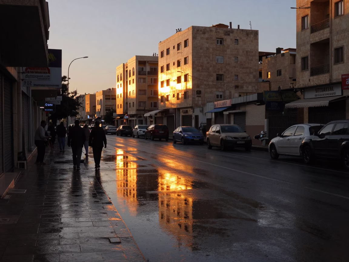 Amman Jordan Street Scene at Sunset with Puddle Reflections and Traditional Clothing in in Amman, Jordan