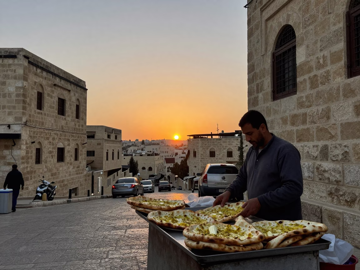 Amman Jordan Street Scene at Sunset with Traditional Naan Bread and Local Market Activity in in Amman, Jordan