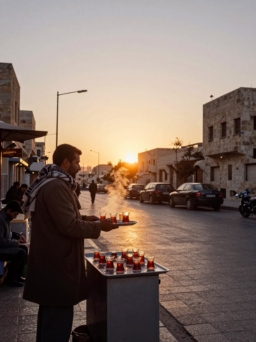 Amman Jordan Street Scene at Sunset with Traditional Wool Scarves and Tea Stains in in Amman, Jordan