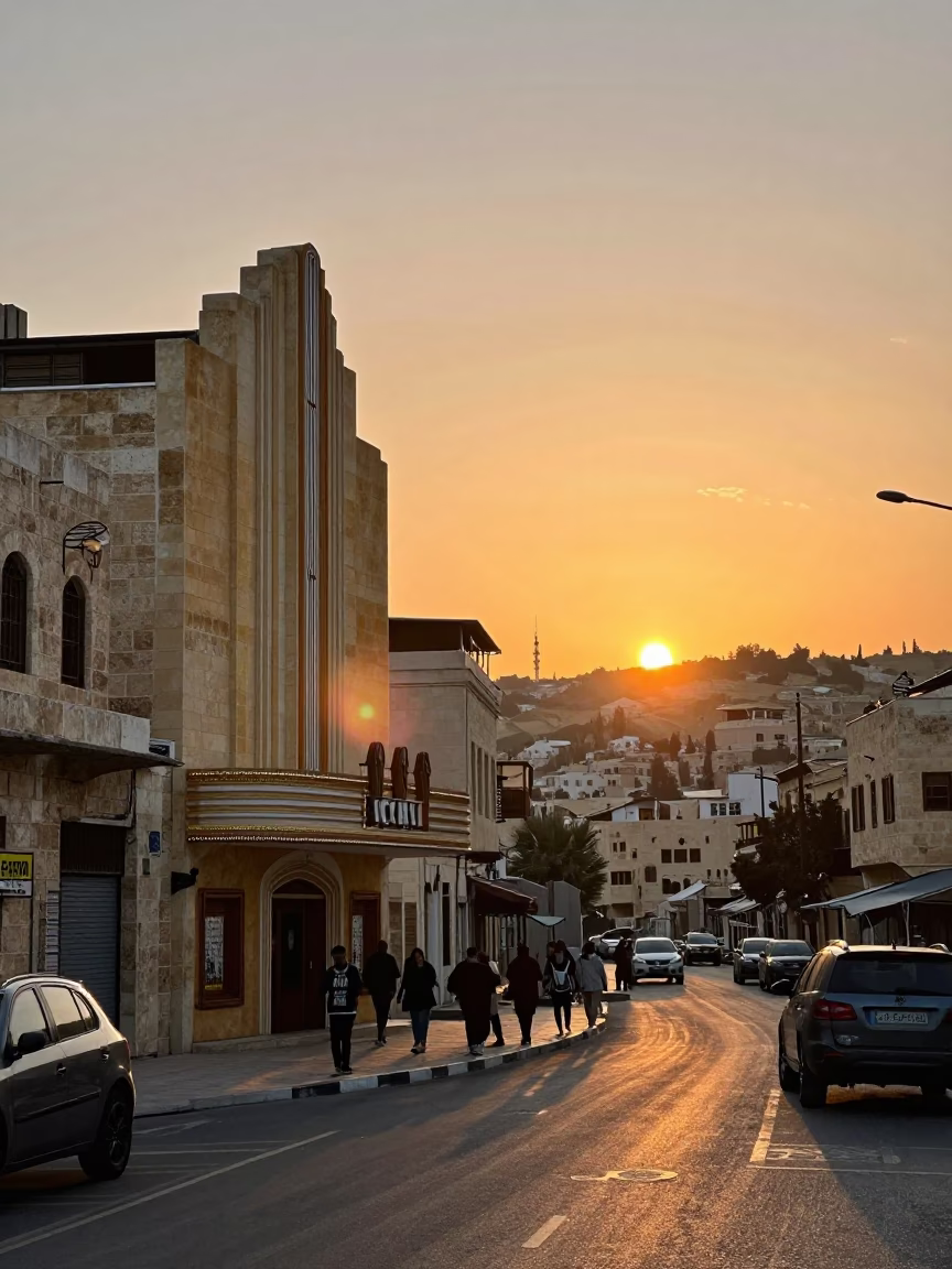 Amman Jordan Street Scene at Sunset with Vintage Cinema Facade and Local Pedestrians in in Amman, Jordan