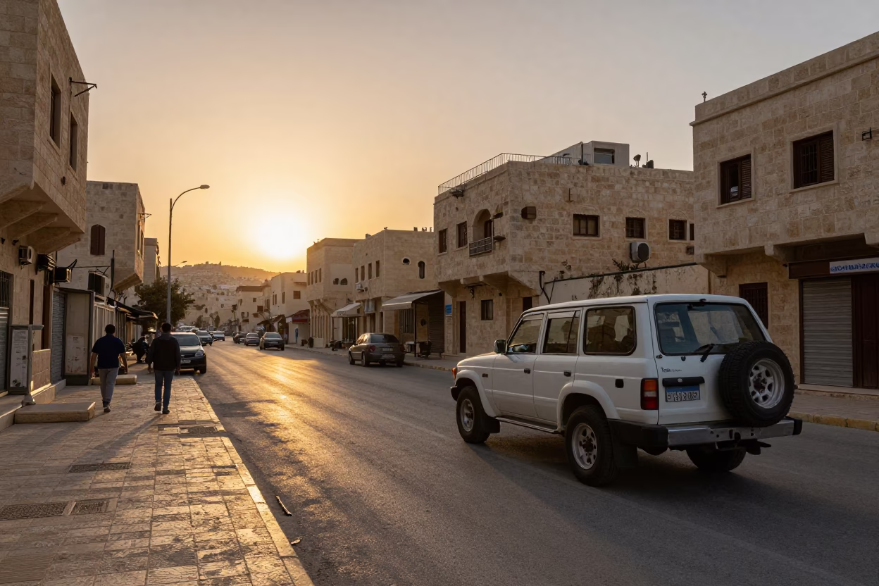 Amman Jordan Street Scene at Sunset with Vintage SUV and Local Market Activity in in Amman, Jordan