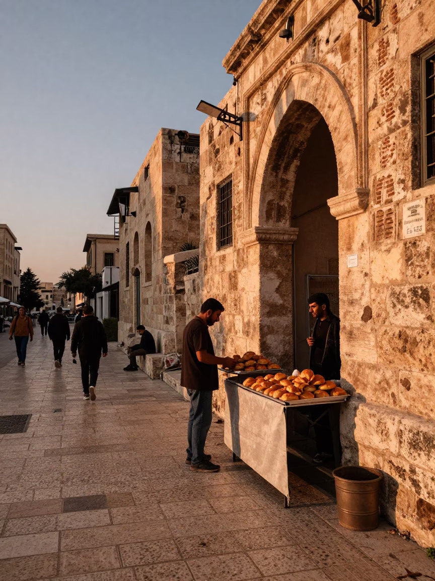 Amman Jordan Street Scene Before Dusk with Pastries and Stone Architecture in in Amman, Jordan