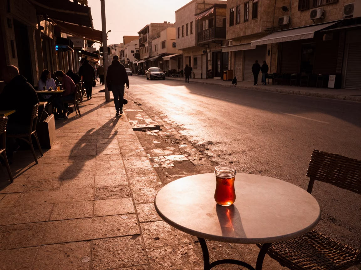 Amman Jordan Street Scene Before Dusk with Wicker Shadow and Jar on Table in in Amman, Jordan