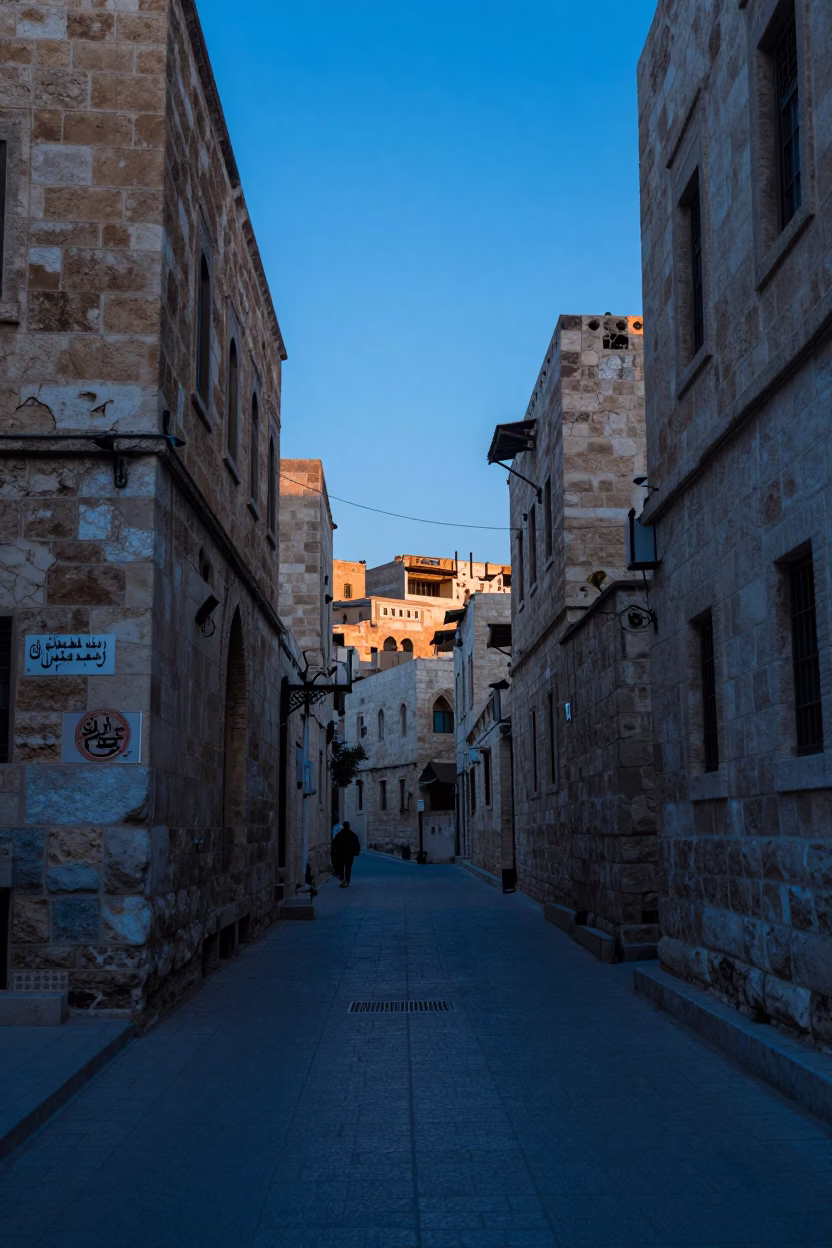 Amman Jordan Street Scene Before Sunrise with Traditional Calligraphy and Stucco in in Amman, Jordan