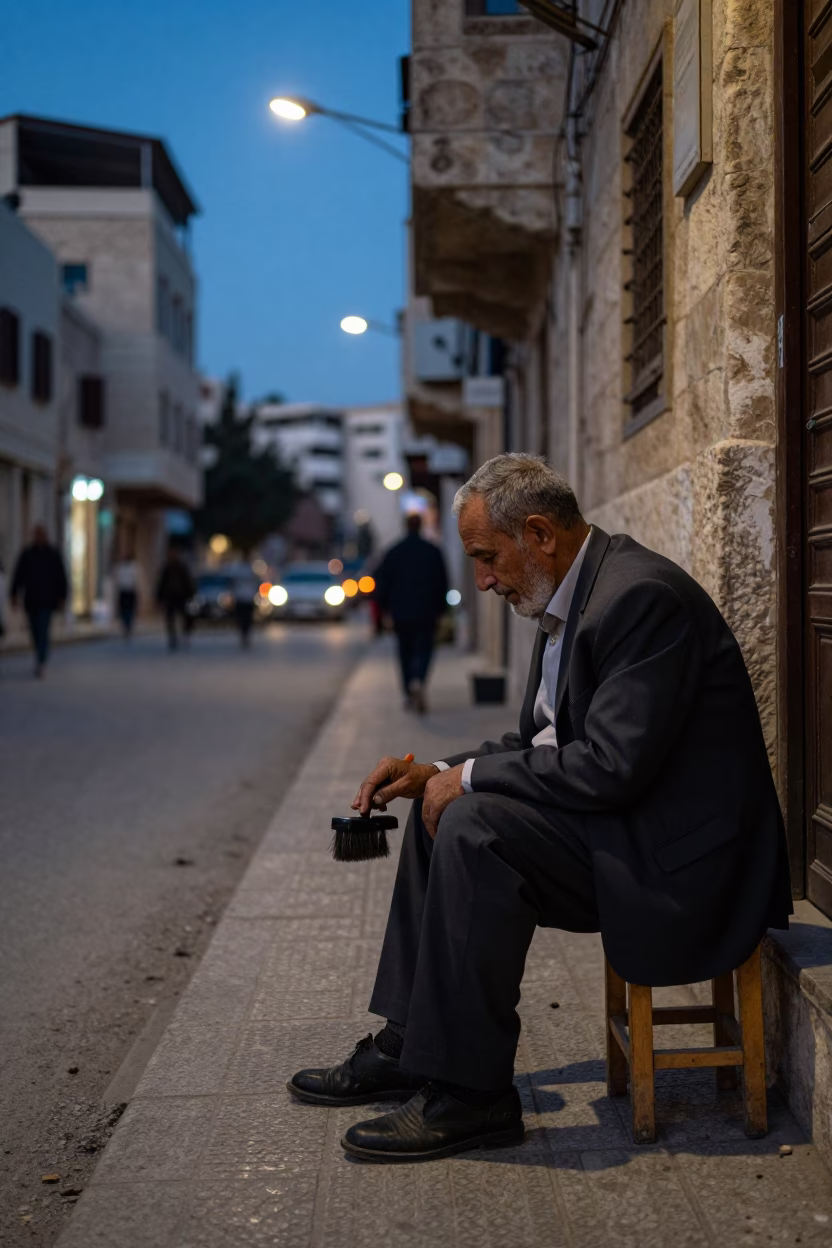 Amman Jordan Street Scene Blue Hour Old Man Polishing Shoes with Brush in in Amman, Jordan