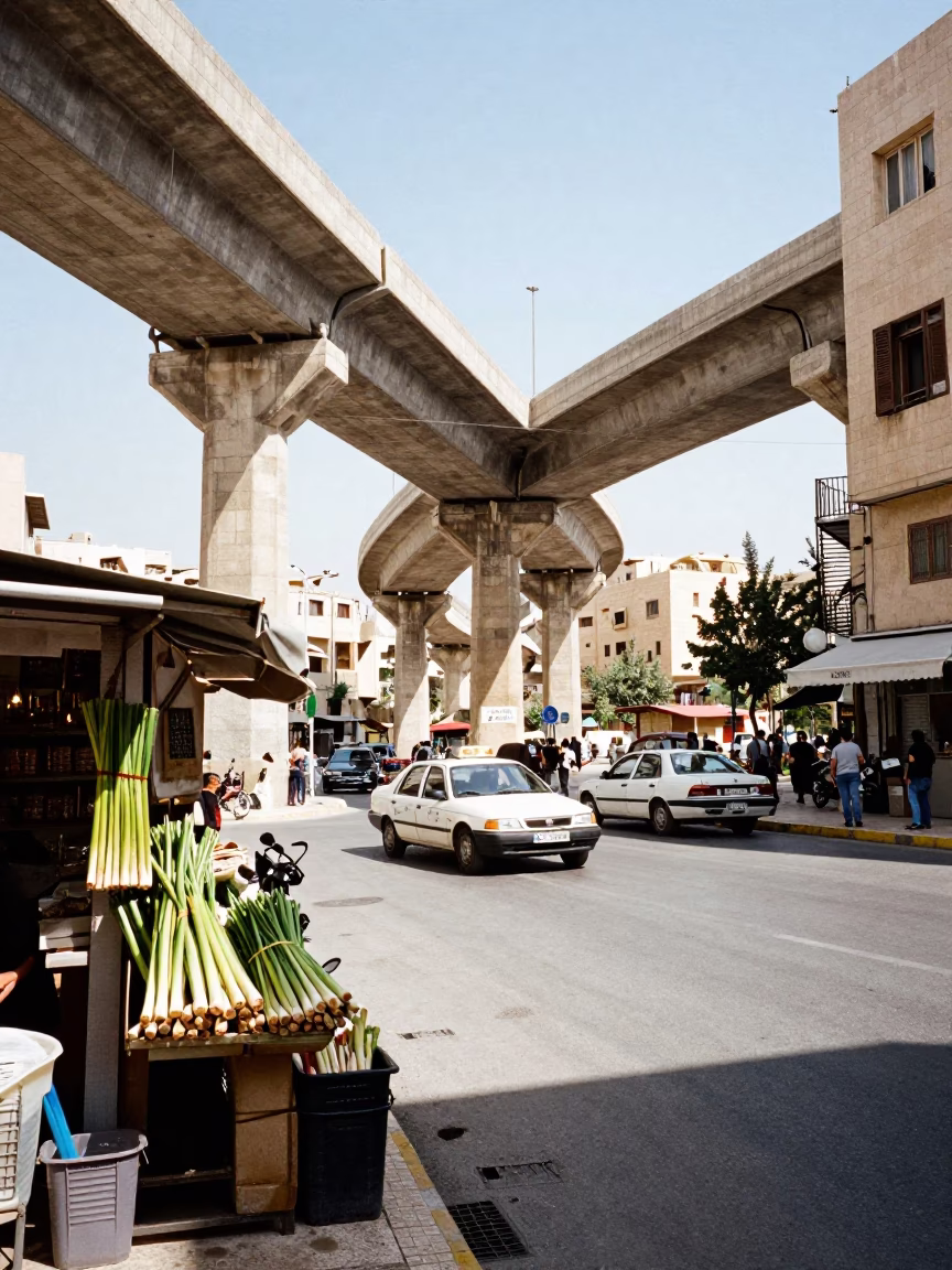 Amman Jordan street scene bright midmorning light concrete viaduct and urban activity in in Amman, Jordan
