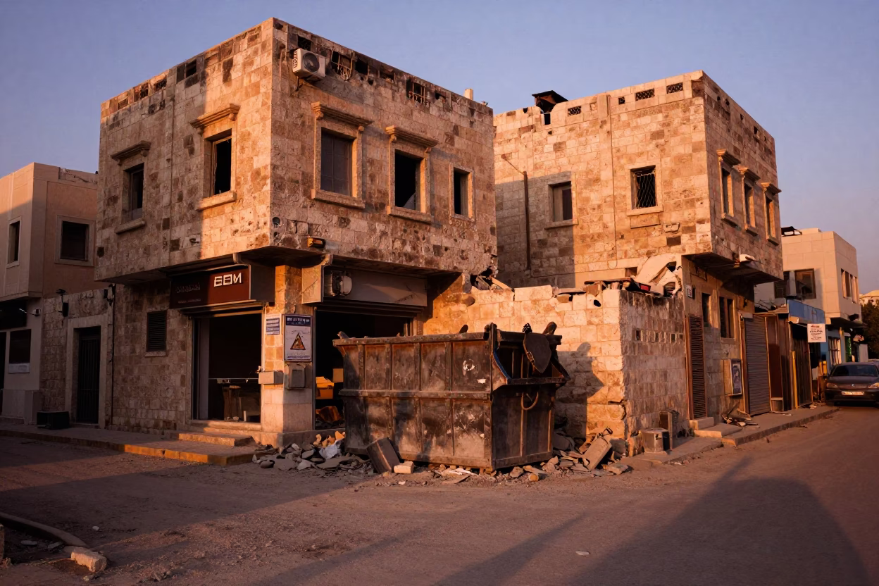 Amman Jordan Street Scene Copper Dusk Light Demolition Dumpster and Local Life in in Amman, Jordan