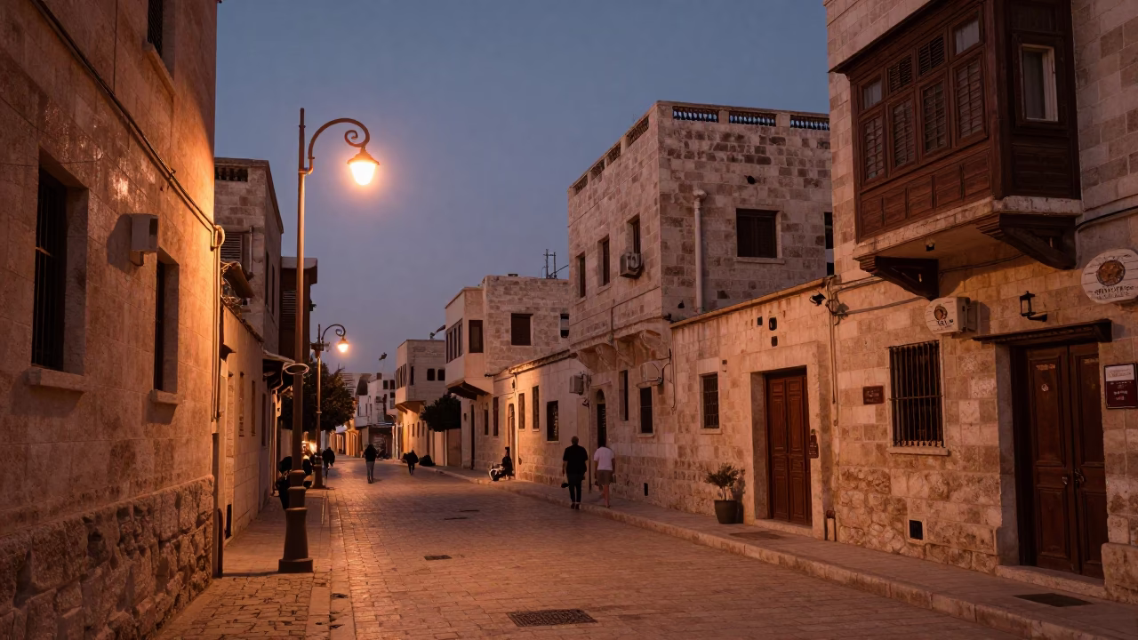 Amman Jordan Street Scene Copper Light Before Dusk with Local Market Activity in in Amman, Jordan