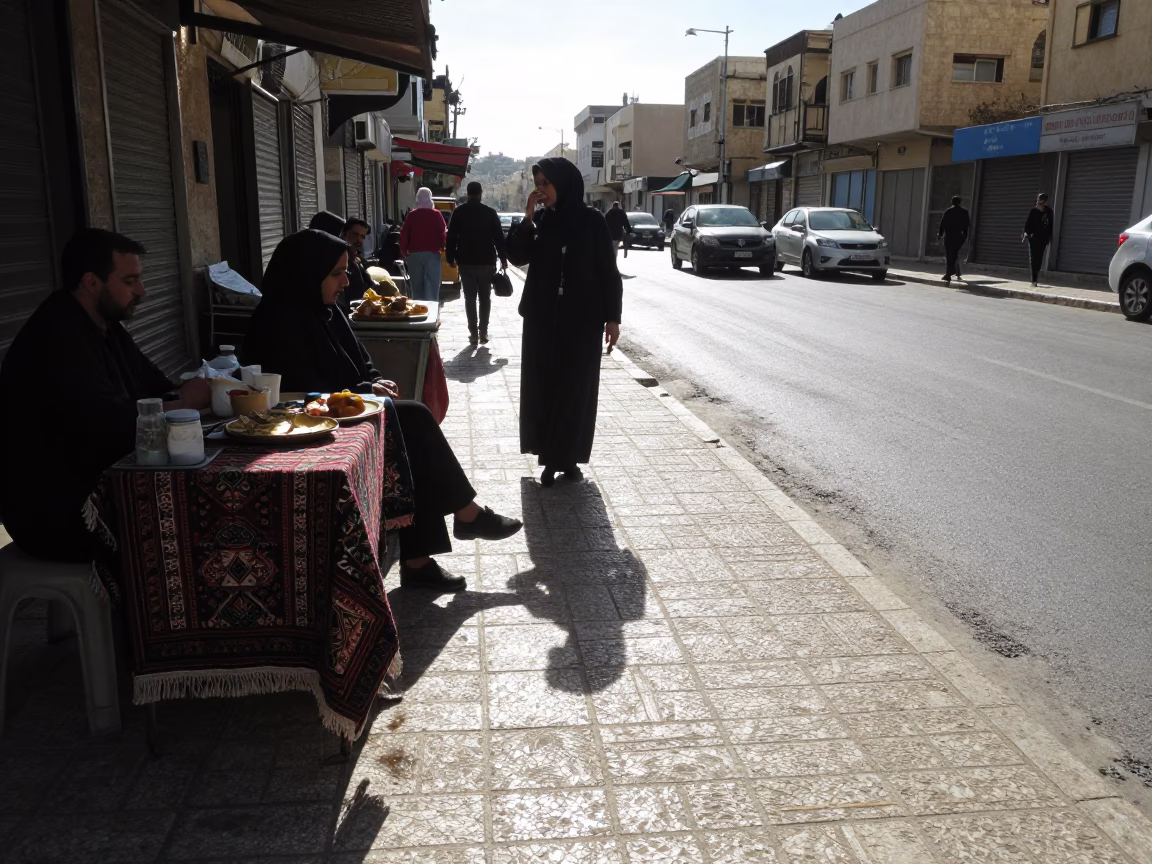 Amman Jordan Street Scene Early Afternoon with Wicker Shadow and Pearl Necklace in in Amman, Jordan