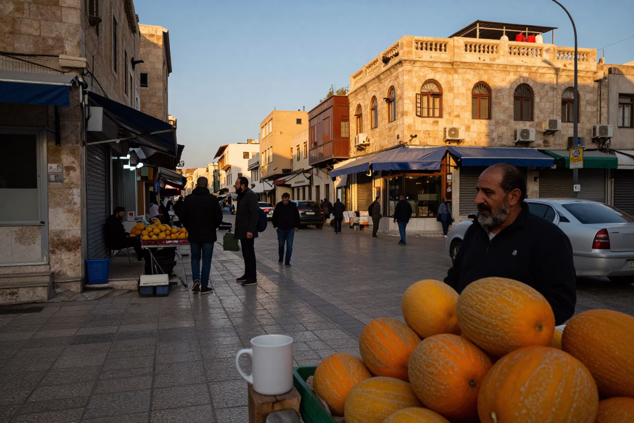 Amman Jordan Street Scene Evening Light with Coffee Mug and Melons in in Amman, Jordan