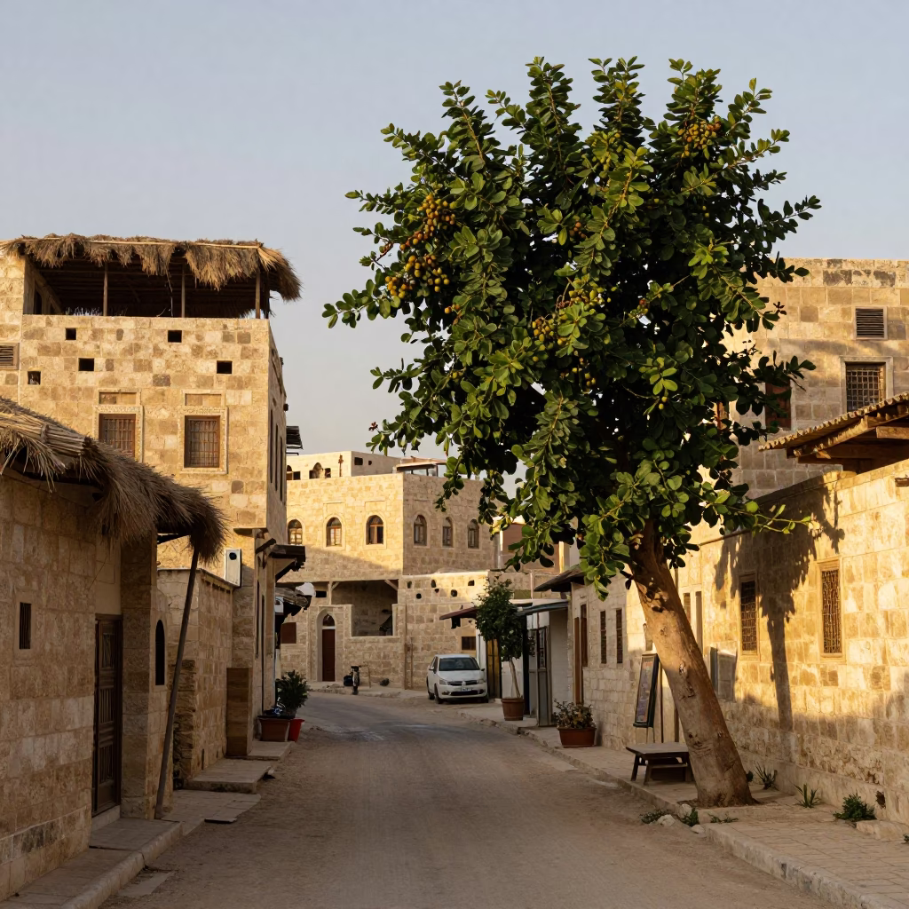 Amman Jordan Street Scene First Light Fig Tree Rooftop Thatch in in Amman, Jordan