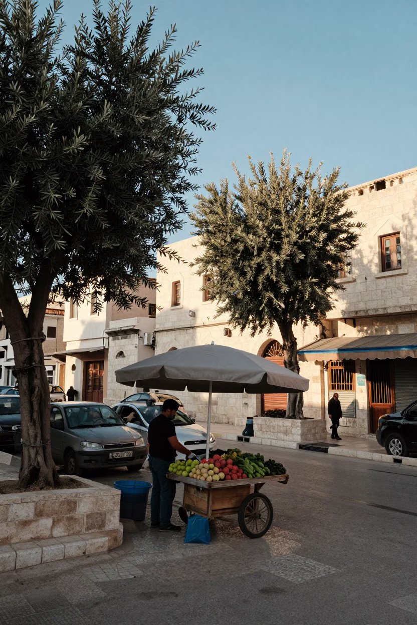 Amman Jordan Street Scene First Light Olive Trees and Local Market Activity in in Amman, Jordan