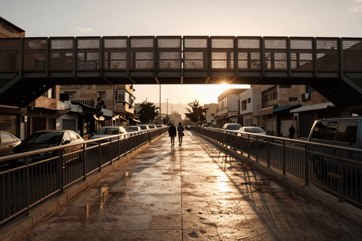 Amman Jordan Street Scene Golden Hour Pedestrian Overpass Perforated Metal Wet Footsteps in in Amman, Jordan
