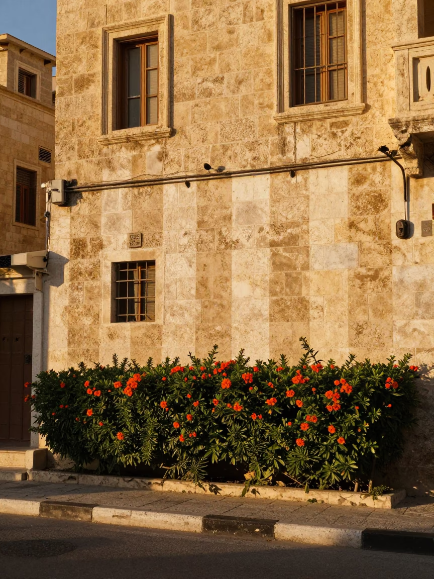 Amman Jordan Street Scene Golden Hour Sun Stripe Wall Plumbago Hedge in in Amman, Jordan