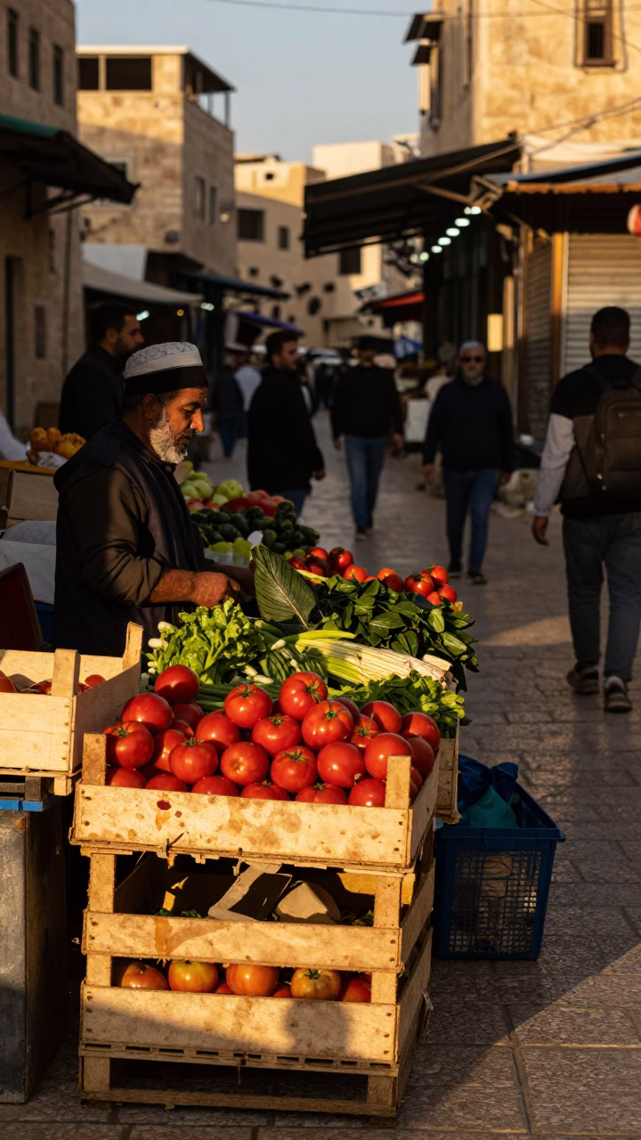 Amman Jordan street scene honeyed evening light local market produce display in in Amman, Jordan