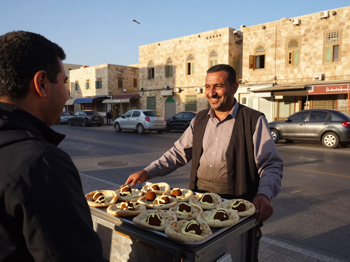 Amman Jordan Street Scene Late Afternoon Light Falafel Pita Tahini Tray in in Amman, Jordan