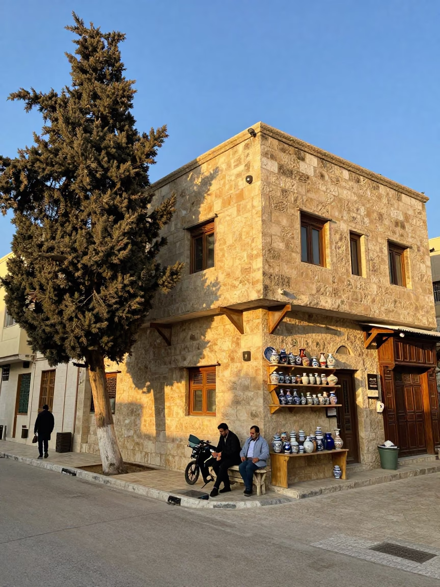Amman Jordan Street Scene Late Afternoon Light with Cedar Tree and Local Shopfront Details in in Amman, Jordan