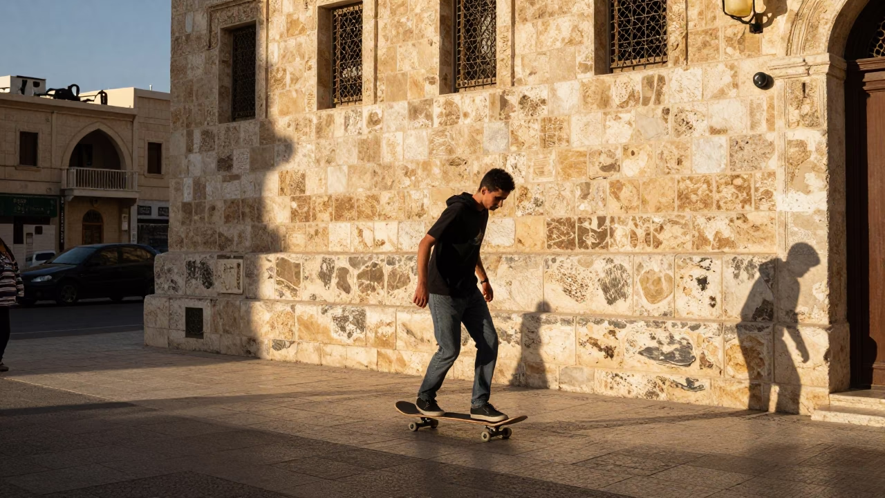 Amman Jordan Street Scene Late Afternoon Light with Skateboarder and Local Architecture in in Amman, Jordan