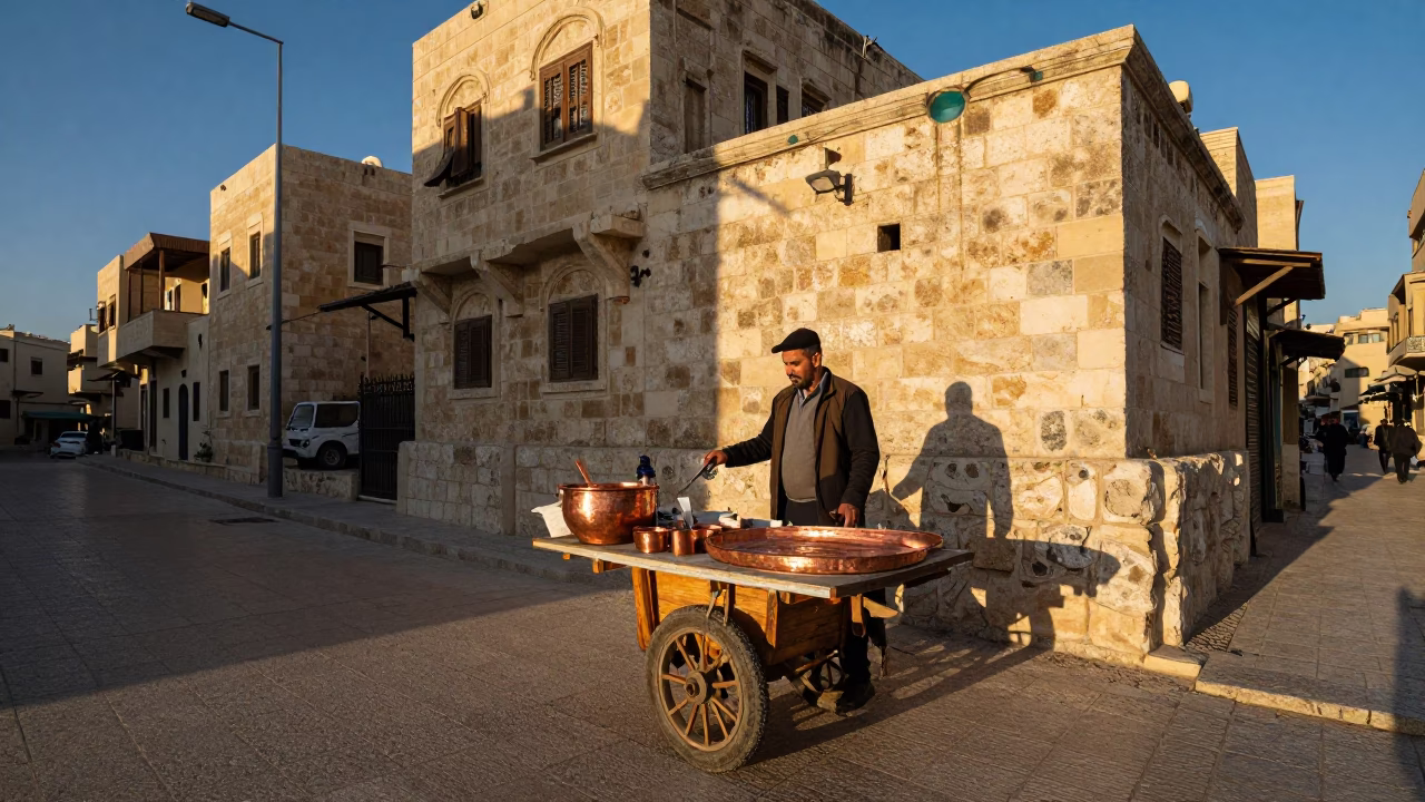 Amman Jordan Street Scene Late Afternoon Local Vendor Copper Tray Mezze Spread in in Amman, Jordan