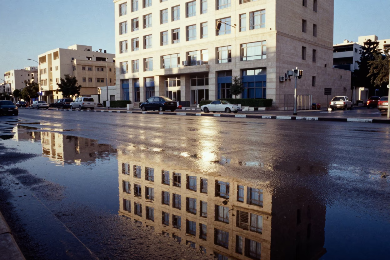 Amman Jordan street scene late afternoon puddle reflection hotel windows tail lights in in Amman, Jordan