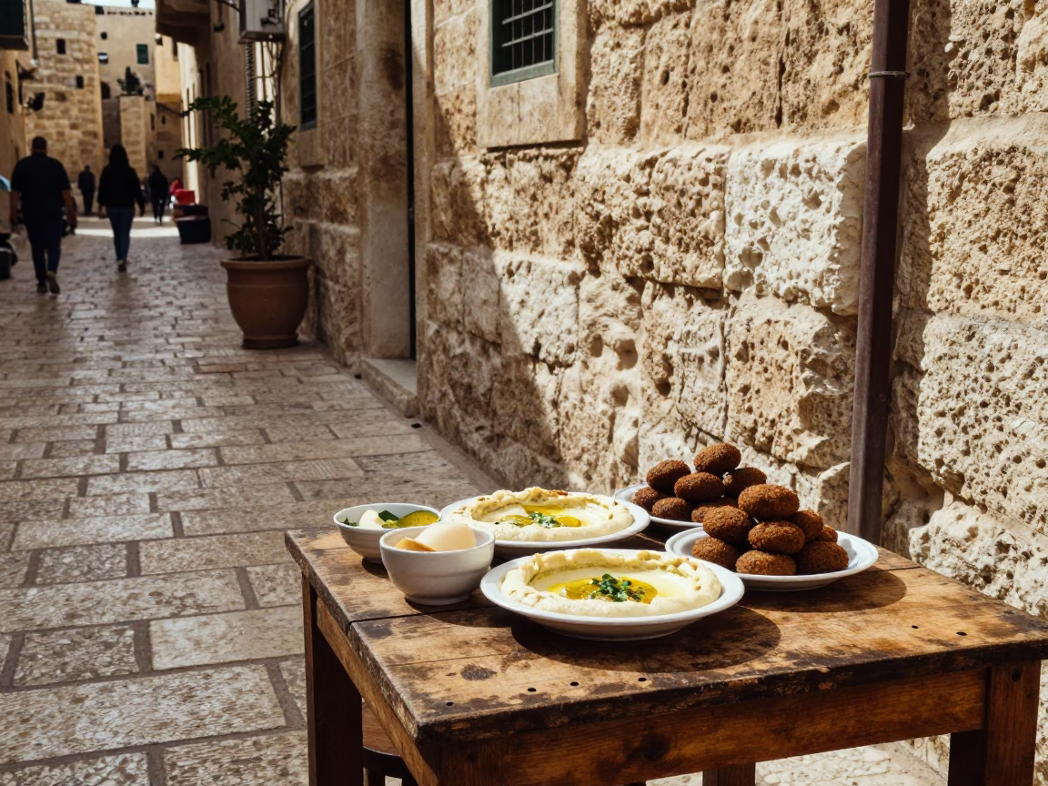 Amman Jordan Street Scene Late Morning Mezze Platter Hummus Falafel Tabbouleh in in Amman, Jordan