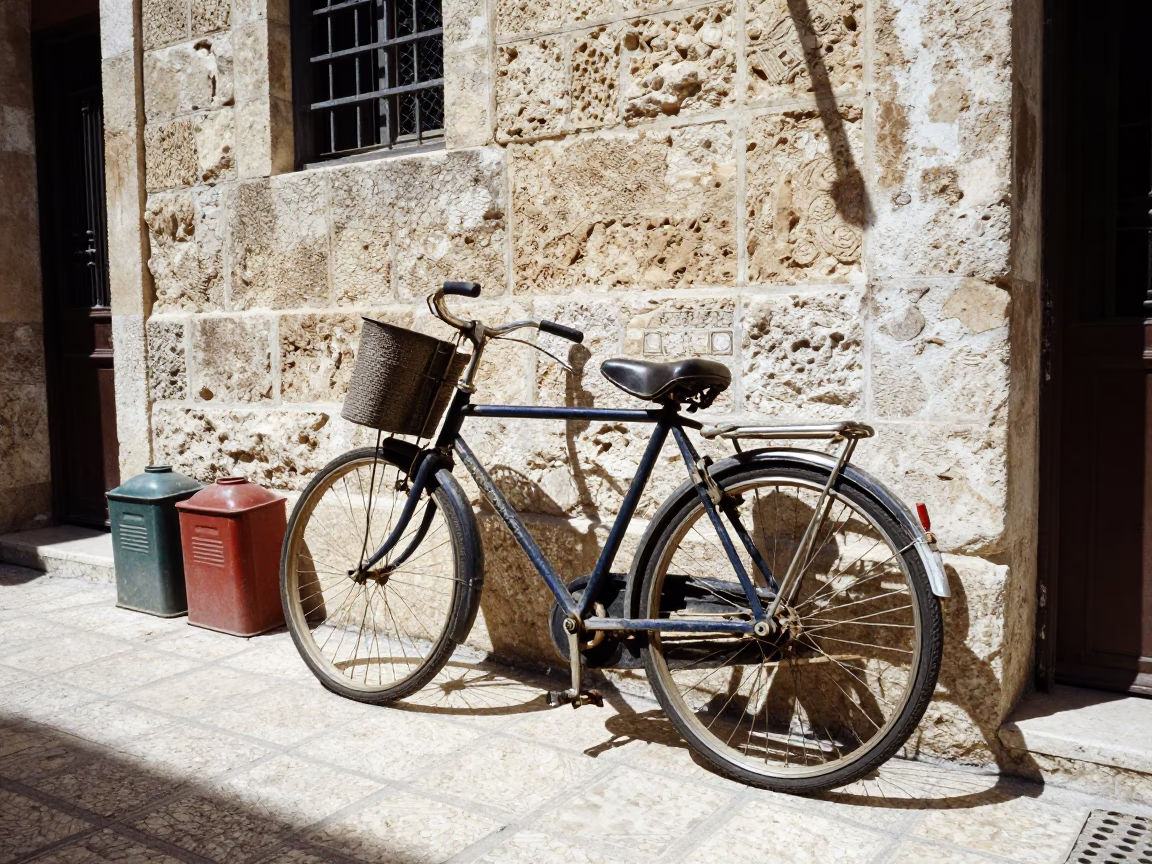 Amman Jordan Street Scene Midday Vintage Bicycle Against Stone Wall in in Amman, Jordan