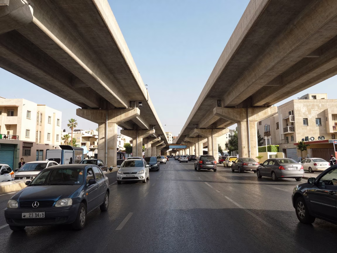 Amman Jordan Street Scene Midmorning Light Traffic Flyover Underside and Local Life in in Amman, Jordan