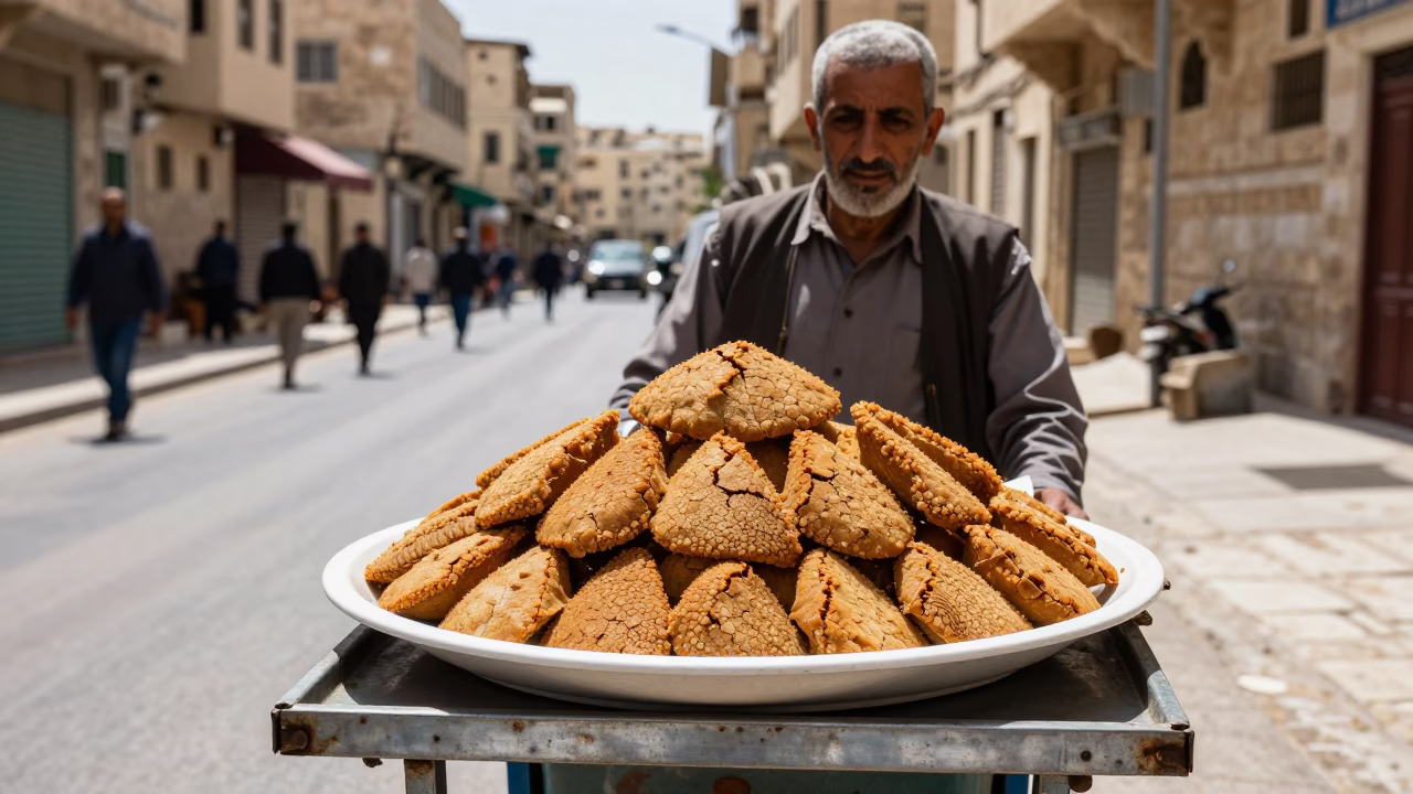 Amman Jordan Street Scene Under Flat Noon Glare With Local Food Vendor And Traffic in in Amman, Jordan