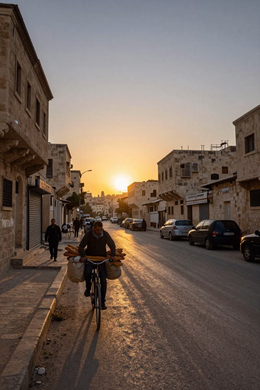 Amman Jordan Street Scene with Bicycle and Baguettes at Sunset in in Amman, Jordan