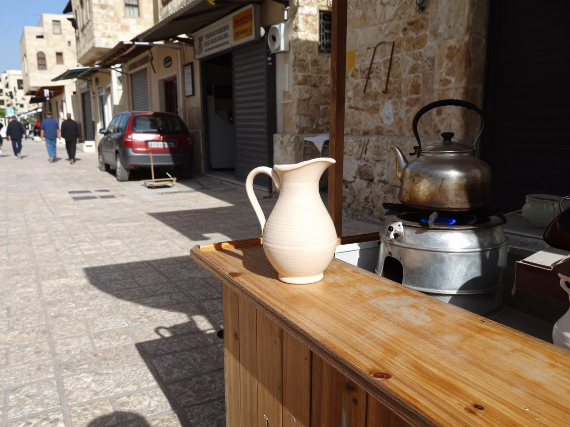 Amman Jordan Street Scene with Ceramic Pitcher and Wicker Shadow in Early Afternoon Light in in Amman, Jordan