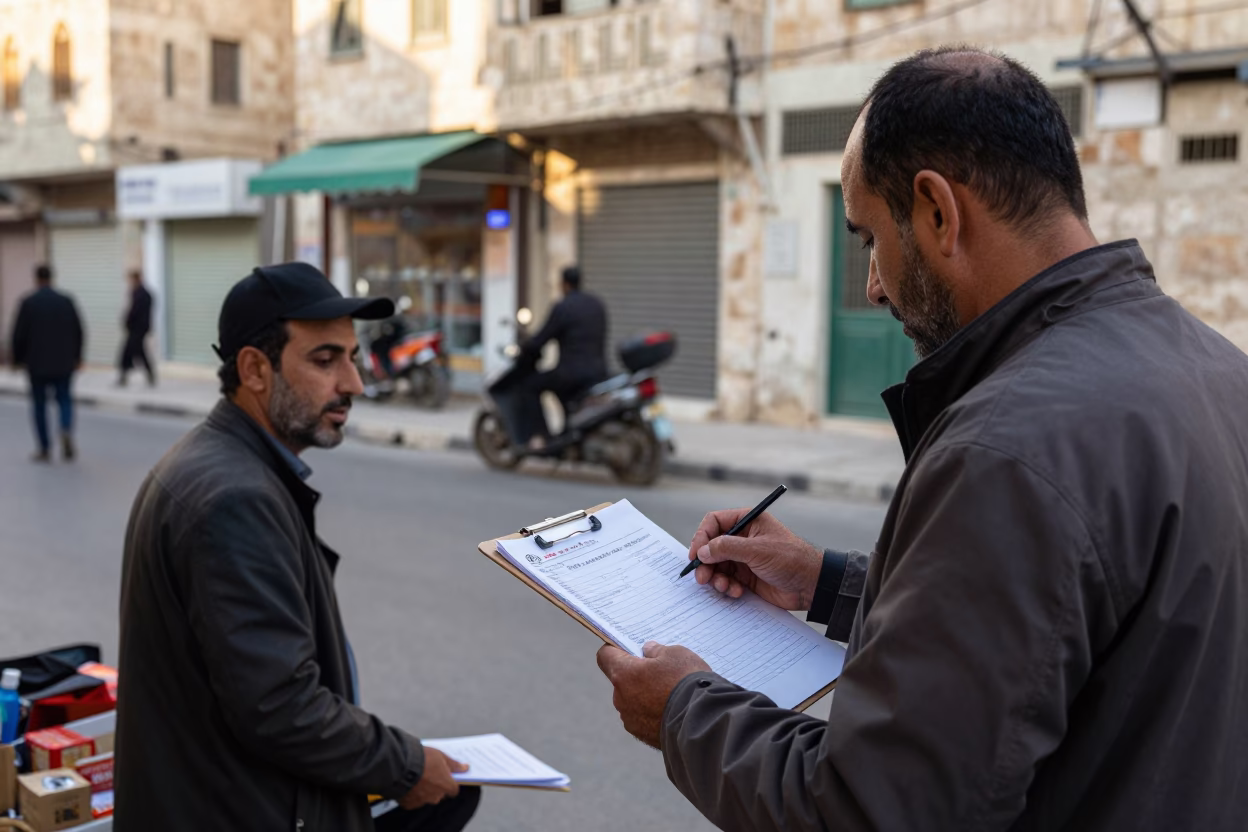Amman Jordan street scene with clipboard and local vendor interaction in in Amman, Jordan