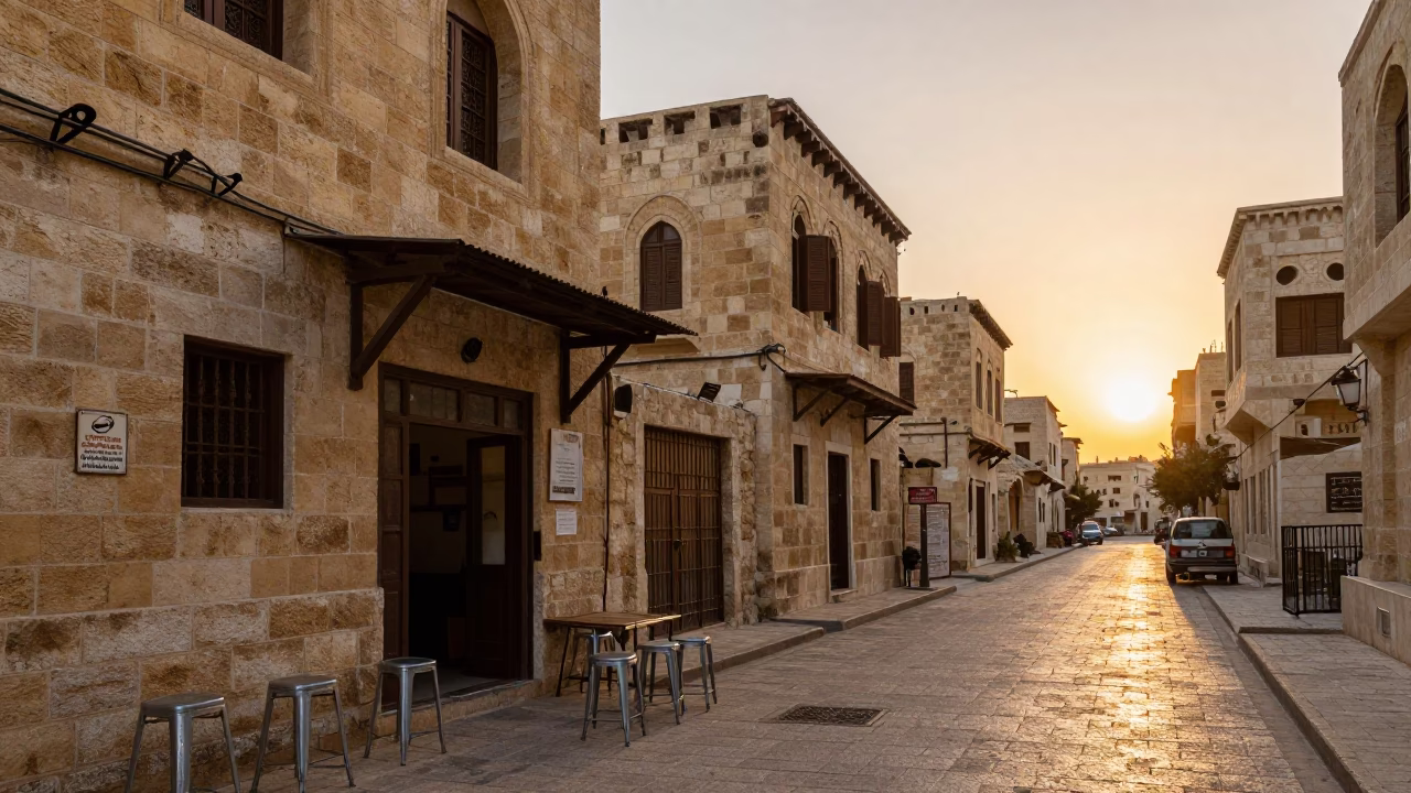 Amman Jordan Street Scene with Metal Stools and Stone Architecture at Sunset in in Amman, Jordan