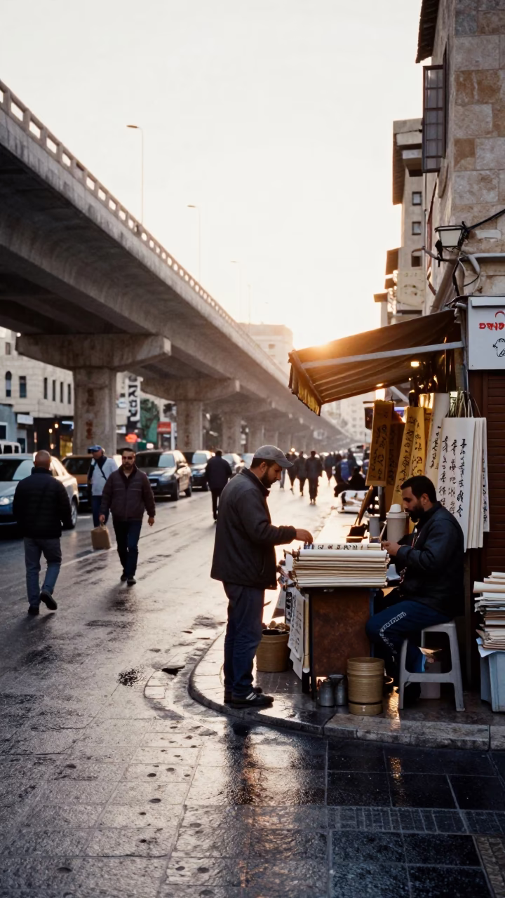 Amman Jordan Street Scene with Pedestrian Overpass and Local Commerce in in Amman, Jordan
