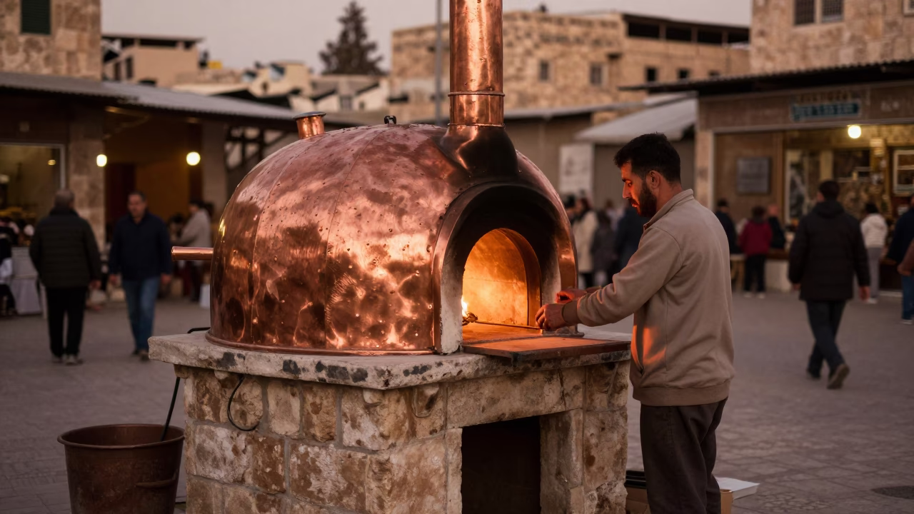 Amman Jordan Street Scene with Traditional Bread Oven and Copper Dusk Light in in Amman, Jordan